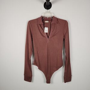 FREE PEOPLE Intimately Do It Right Bodysuit Thong Brown Collar Shirt Large NWT
